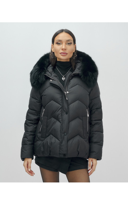 Пуховик для леди с защитой от влаги, песцовым мехом, чёрный.