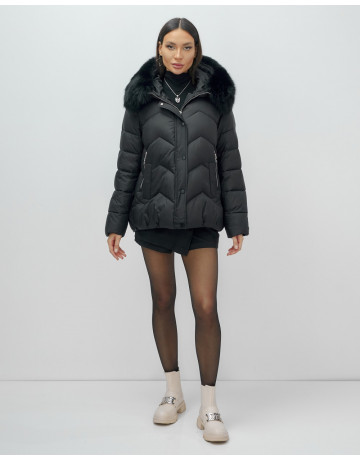 Пуховик для леди с защитой от влаги, песцовым мехом, чёрный.