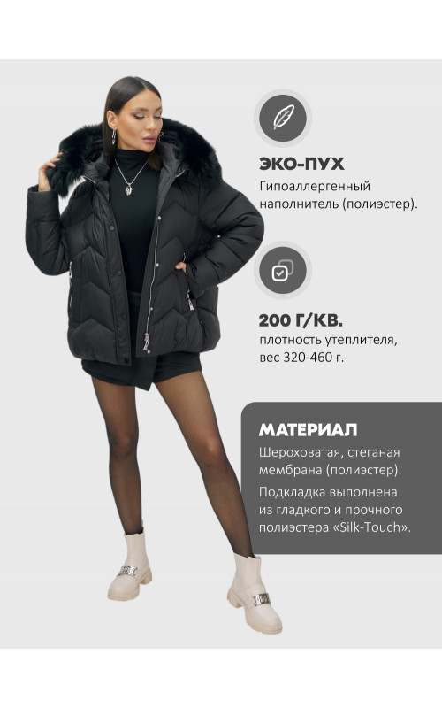 Пуховик для леди с защитой от влаги, песцовым мехом, чёрный.