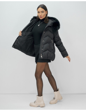 Пуховик для леди с защитой от влаги, песцовым мехом, чёрный.