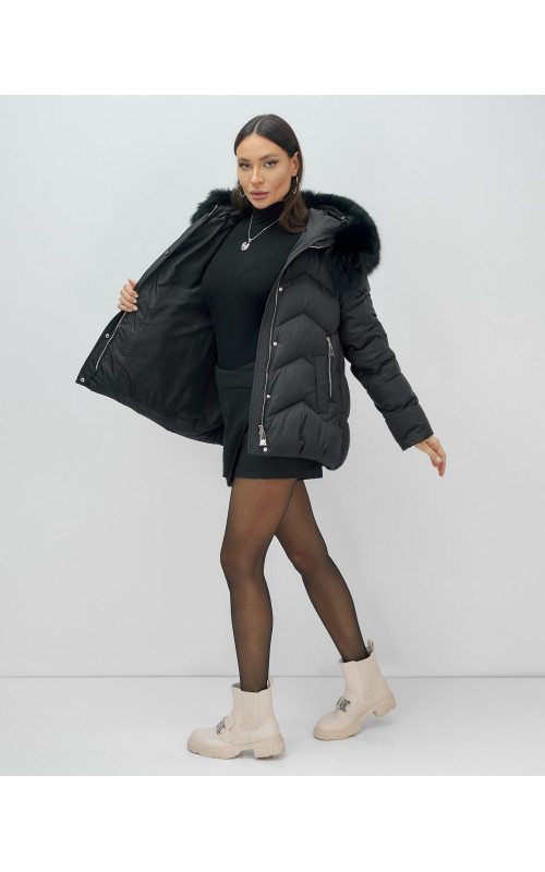 Пуховик для леди с защитой от влаги, песцовым мехом, чёрный.