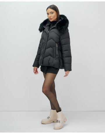 Пуховик для леди с защитой от влаги, песцовым мехом, чёрный.