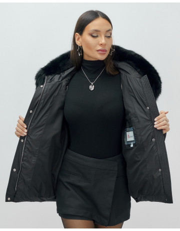 Пуховик для леди с защитой от влаги, песцовым мехом, чёрный.