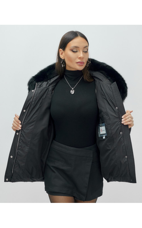 Пуховик для леди с защитой от влаги, песцовым мехом, чёрный.