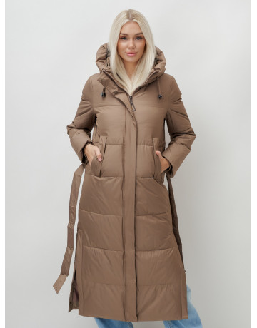 Тёплый женский пуховик с поясом и капюшоном.