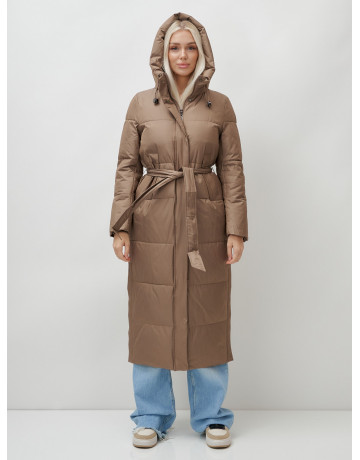 Тёплый женский пуховик с поясом и капюшоном.