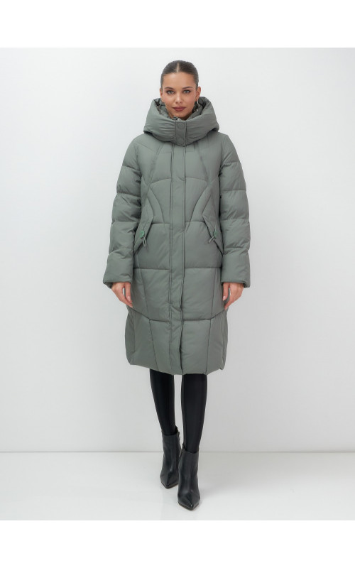 Длинный женский пуховик с капюшоном