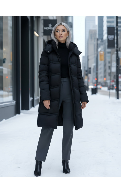 Длинный зимний пуховик для женщин с капюшоном.