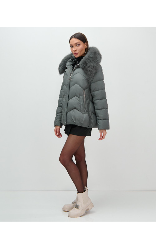 Пуховик для городской леди с мехом песца, защита от влаги и ветра