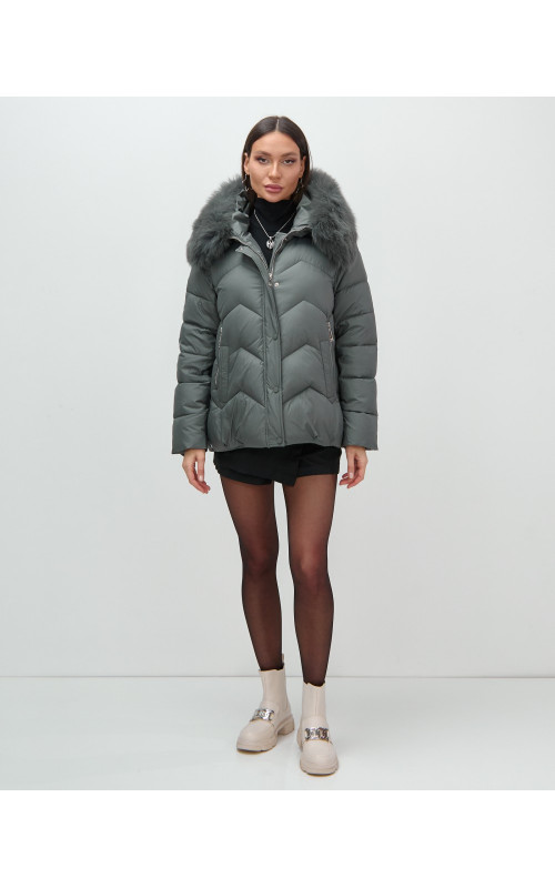 Пуховик для городской леди с мехом песца, защита от влаги и ветра