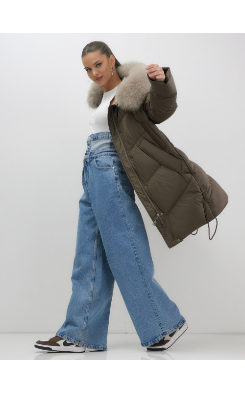 Длинный зимний пуховик премиум-класса с мехом песца