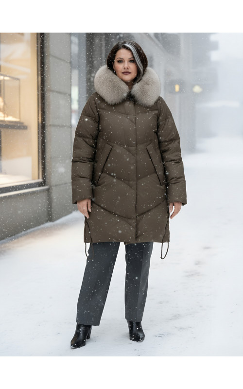 Длинный зимний пуховик премиум-класса с мехом песца