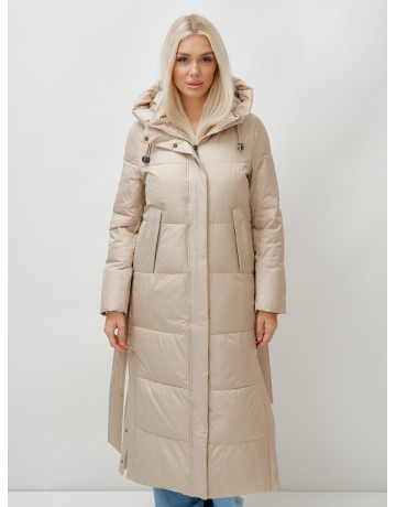 Тёплый женский пуховик с поясом и капюшоном.