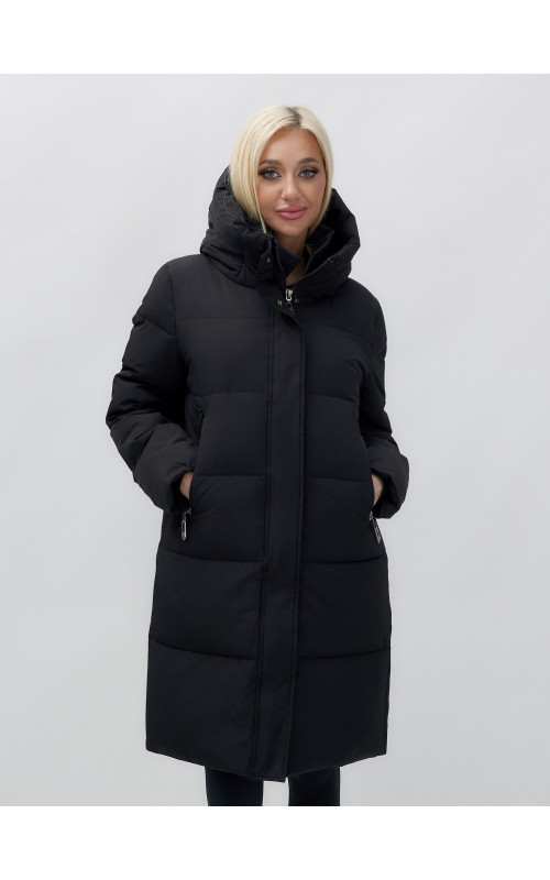 Тёплый женский пуховик до колена с капюшоном.