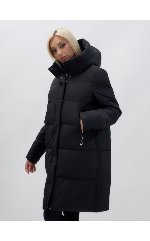 Тёплый женский пуховик до колена с капюшоном.