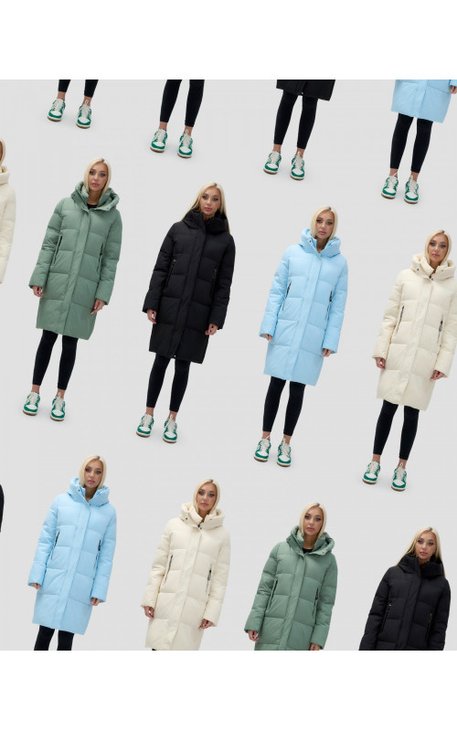 Тёплый женский пуховик до колена с капюшоном.