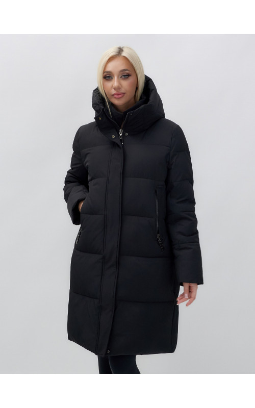 Тёплый женский пуховик до колена с капюшоном.