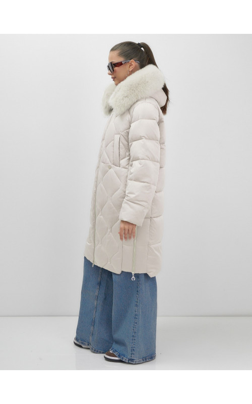 Длинный зимний пуховик с мехом песца.