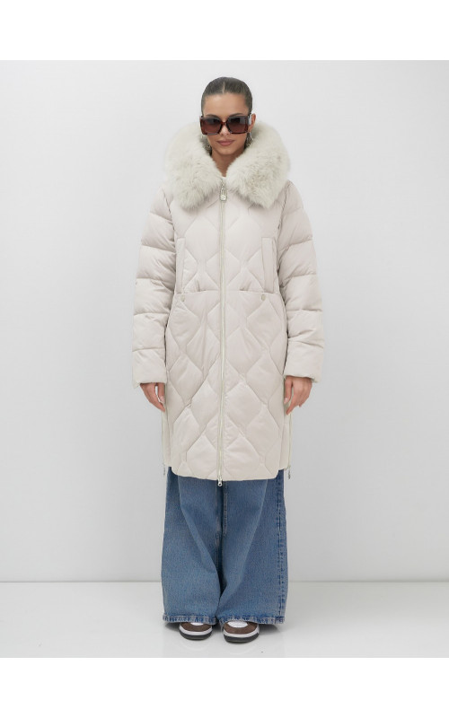 Длинный зимний пуховик с мехом песца.