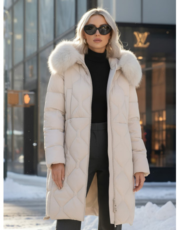 Длинный зимний пуховик с мехом песца.