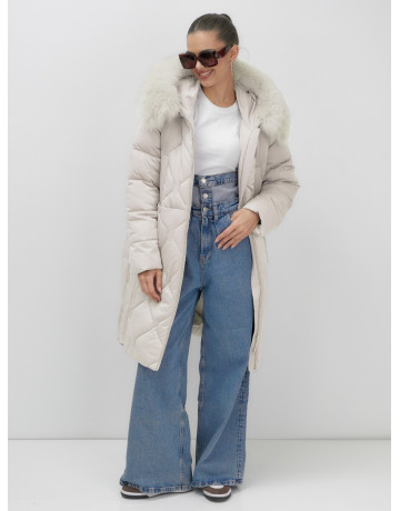 Длинный зимний пуховик с мехом песца.