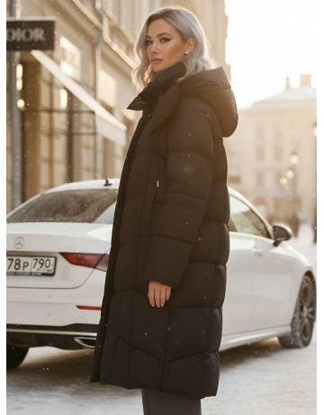 Длинный женский пуховик с капюшоном для зимы