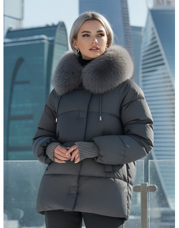 Пуховик с мехом песца, зима 2025, свободный крой