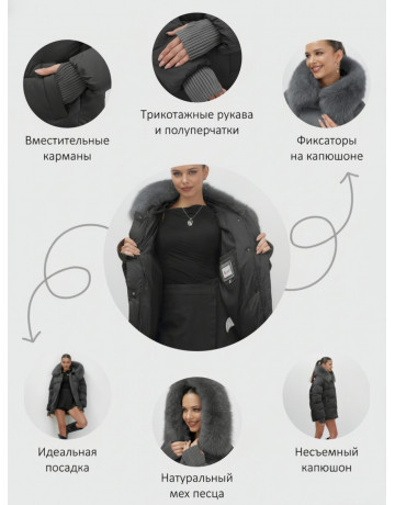 Пуховик с мехом песца, зима 2025, свободный крой