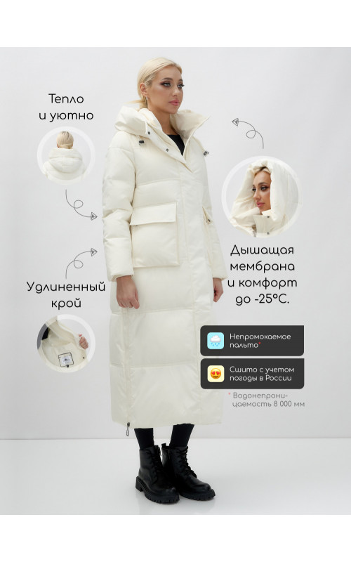 Длинный зимний пуховик с капюшоном для женщин.