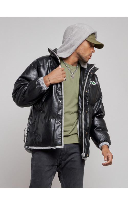 Мужская зимняя куртка из экокожи с капюшоном