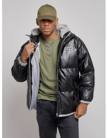 Мужская зимняя куртка из экокожи с капюшоном