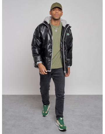 Мужская зимняя куртка из экокожи с капюшоном