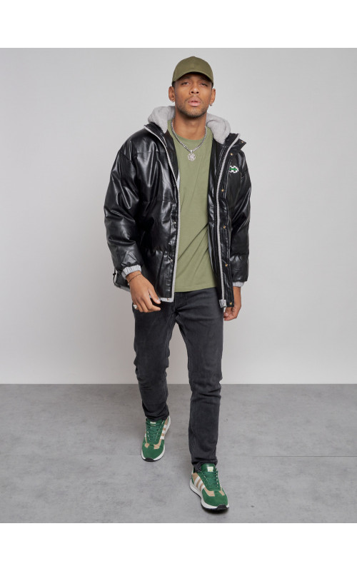 Мужская зимняя куртка из экокожи с капюшоном