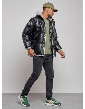 Мужская зимняя куртка из экокожи с капюшоном