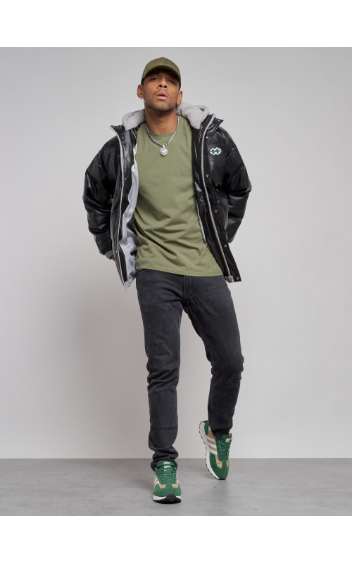 Мужская зимняя куртка из экокожи с капюшоном