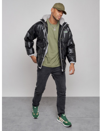 Мужская зимняя куртка из экокожи с капюшоном