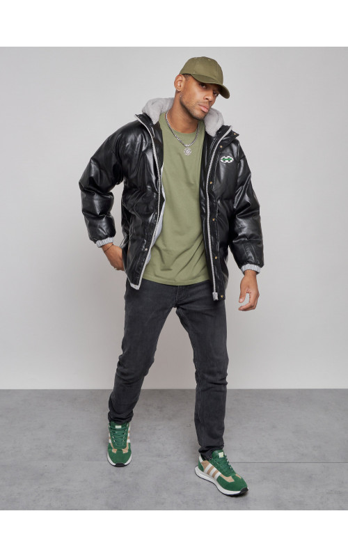 Мужская зимняя куртка из экокожи с капюшоном