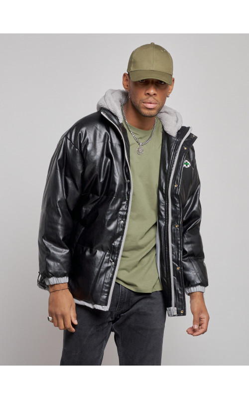 Мужская зимняя куртка из экокожи с капюшоном