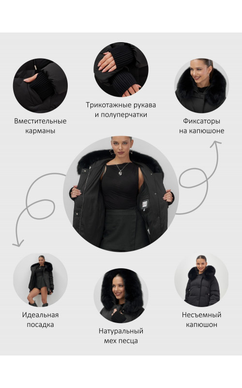 Пуховик с мехом песца, зима 2025, свободный крой