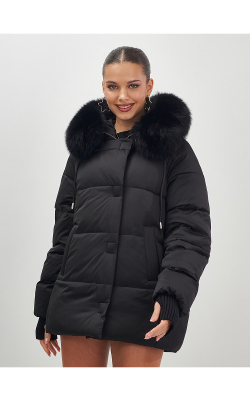 Пуховик с мехом песца, зима 2025, свободный крой