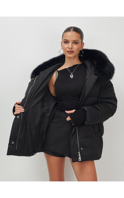 Пуховик с мехом песца, зима 2025, свободный крой