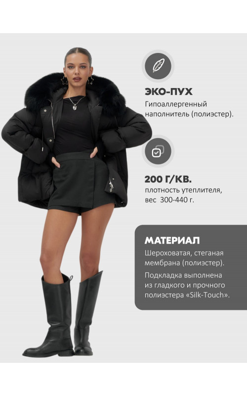 Пуховик с мехом песца, зима 2025, свободный крой
