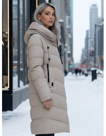 Длинный женский пуховик с капюшоном для холодной погоды