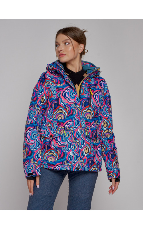 Женская горнолыжная куртка, цвет синий с принтом