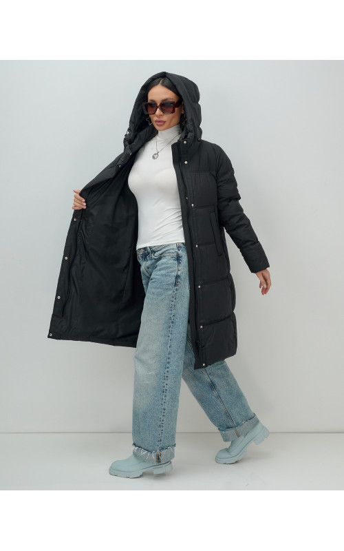 Длинный женский пуховик с капюшоном для зимы