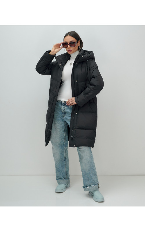 Длинный женский пуховик с капюшоном для зимы