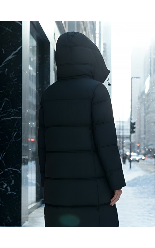 Длинный женский пуховик с капюшоном для зимы