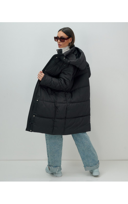 Длинный женский пуховик с капюшоном для зимы