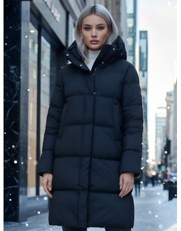 Длинный женский пуховик с капюшоном для зимы
