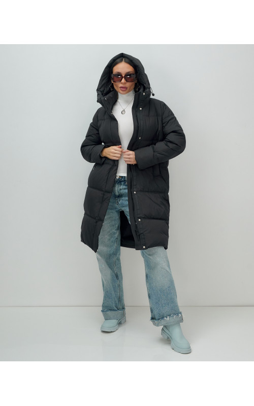 Длинный женский пуховик с капюшоном для зимы